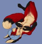  anthro blue_hair breasts canine cheek_tuft covering covering_breasts crossed_legs digitigrade dipstick_tail female fox fur gloves_(marking) hair hand_on_breast incorgnito inner_ear_fluff looking_at_viewer lying mammal markings multicolored_tail navel nude on_back red_fox red_fur scarlet_darkpaw seductive simple_background solo tuft yellow_eyes 