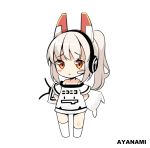  ayanami_(azur_lane) azur_lane blush brown_hair character_name chibi closed_mouth eyebrows_visible_through_hair headphones kneehighs long_hair looking_at_viewer niconico ootsuki_momiji ponytail solo standing terebi-chan white_legwear 