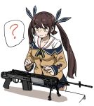  ? anyan_(jooho) battle_rifle brown_hair commentary confused girls_frontline gun hair_ribbon m14 m14_(girls_frontline) mk_14_ebr ribbon rifle school_uniform serafuku solo speech_bubble tripod twintails weapon yellow_eyes 