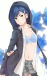  :/ arm_at_side arm_behind_back blue_bra blue_hair bra breasts collarbone commentary cowboy_shot darling_in_the_franxx diagonal-striped_neckwear eyebrows_visible_through_hair frown green_eyes hair_ornament hairclip head_tilt hood hood_up hoodie ichigo_(darling_in_the_franxx) kanden_suki larkspur_(flower) looking_at_viewer navel necktie open_clothes open_hoodie open_shirt plaid plaid_skirt pleated_skirt school_uniform shirt short_hair skirt small_breasts solo underwear white_shirt 