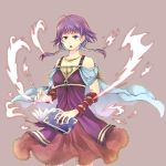  arm_warmers bare_shoulders book breasts capelet cowboy_shot dress fire fire_emblem fire_emblem:_seima_no_kouseki kariu lavender_background looking_at_viewer lute_(fire_emblem) magic open_mouth purple_eyes purple_hair short_hair simple_background small_breasts solo twintails 