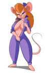  2018 anthro big_breasts blue_eyes breasts chip_&#039;n_dale_rescue_rangers clothed clothing disney eyelashes eyewear female fully_clothed gadget_hackwrench goggles hair long_hair looking_at_viewer lordstevie mammal mouse navel nipple_bulge overalls red_hair rodent simple_background smile solo standing undressing white_background 