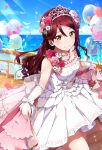  balloon bird bow cherry_blossoms day dock dress elbow_gloves flower gloves hair_flower hair_ornament highres jewelry lace lace-trimmed_gloves long_hair looking_at_viewer love_live! love_live!_school_idol_festival love_live!_sunshine!! necklace ocean outdoors overskirt petals pink_flower pink_rose red_hair ribbon rose sakurauchi_riko shiimai skirt_hold smile solo sparkle tiara wedding_dress white_bow white_dress white_flower white_gloves white_rose wrist_ribbon yellow_eyes 