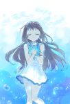  blue_eyes blue_scrunchie brown_hair bubble closed_eyes closed_mouth commentary dress furorida hands_clasped hands_on_own_chest hands_together long_hair mukaido_manaka nagi_no_asukara own_hands_together sailor_dress school_uniform scrunchie serafuku solo submerged underwater water wrist_scrunchie 