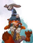  2017 3_toes 4_fingers anthro belt belt_pouch brown_fur bulletproof_vest canine carrying claws clothed clothing colored disney duo female fox fully_clothed fur gloves_(marking) grey_fur hi_res judy_hopps lagomorph leg_grab long_ears looking_aside male mammal markings necktie nick_wilde pants police_uniform purple_eyes rabbit shirt standing teaselbone toes tongue tongue_out uniform zootopia 