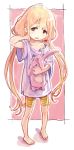  barefoot bike_shorts blonde_hair blush brown_eyes clothes_writing collarbone full_body futaba_anzu hand_on_own_neck idolmaster idolmaster_cinderella_girls long_hair low_twintails matsuo_yuusuke off_shoulder parted_lips shirt sketch solo striped striped_bike_shorts stuffed_animal stuffed_bunny stuffed_toy t-shirt twintails 