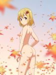  1girl aki_shizuha arched_back ass autumn_leaves blonde_hair cato_(monocatienus) commentary expressionless eyebrows_visible_through_hair flat_chest from_side hair_ornament hairclip leaf_hair_ornament looking_at_viewer medium_hair nude solo touhou yellow_eyes 