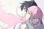  1boy 1girl bandaid bandaid_on_face black_hair blue_eyes blue_horns broken_horn closed_eyes commentary_request couple crying crying_with_eyes_open darling_in_the_franxx hand_on_another's_head hetero highres hiro_(darling_in_the_franxx) horns hug leje39 long_hair long_sleeves military military_uniform nightgown oni_horns petals pink_hair protected_link red_horns tears uniform white_nightgown zero_two_(darling_in_the_franxx) 