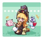  alolan_form alolan_vulpix banette black_hat blonde_hair chinese_clothes clefairy commentary_request crossover eevee flying_sweatdrops froslass gen_1_pokemon gen_3_pokemon gen_4_pokemon gen_7_pokemon hat junko_(touhou) kumamoto_(bbtonhk2) long_hair lowres mimikyu outstretched_arm pixel_art pokemon pokemon_(creature) red_eyes touhou 
