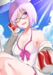  beach_umbrella blue_sky blurry blush breasts can can_to_cheek cleavage cloud collarbone commentary_request depth_of_field eyebrows_visible_through_hair fate/grand_order fate_(series) giving glasses hair_over_one_eye highres hizuki_higure jacket jacket_over_swimsuit mash_kyrielight open_mouth purple_eyes purple_hair short_hair sky smile soda_can swimsuit swimsuit_of_perpetual_summer swimsuit_under_clothes umbrella 