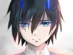  bangs black_hair blue_eyes blue_horns commentary_request darling_in_the_franxx eyebrows_visible_through_hair eyes_visible_through_hair futami_(futamito) hiro_(darling_in_the_franxx) horns male_focus oni_horns solo 