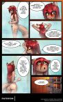  abluedeer anthro blush breasts brown_fur cat comic dialogue english_text eyes_closed feline female fur hair mammal moccha_(abluedeer) moon_lace nude red_hair solo text yellow_eyes 