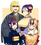  3girls blonde_hair blush breasts commentary fate/grand_order fate_(series) horns ibaraki_douji_(fate/grand_order) japanese_clothes kaikodou_kana kimono large_breasts long_hair looking_at_viewer minamoto_no_raikou_(fate/grand_order) multiple_girls oni oni_horns open_mouth purple_eyes purple_hair sakata_kintoki_(fate/grand_order) short_hair shuten_douji_(fate/grand_order) smile sunglasses very_long_hair 