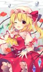  ;d absurdres air_bubble ascot blonde_hair blush bow bubble commentary crystal eyebrows_visible_through_hair fish flandre_scarlet frilled_shirt_collar frills goldfish hand_up hat hat_ribbon highres looking_at_viewer mob_cap one_eye_closed one_side_up open_mouth petticoat pointing pointing_at_self puffy_short_sleeves puffy_sleeves red_bow red_eyes red_ribbon red_skirt red_vest ribbon ruhika short_hair short_sleeves skirt smile solo touhou underwater vest white_hat wings wrist_cuffs yellow_neckwear 