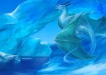  2018 allagar ambiguous_gender blue_theme day detailed_background digital_media_(artwork) dragon feral horn ice membranous_wings outside sky solo water wings wyvern 