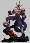  clenched_hand cooler_(dragon_ball) dragon_ball dragon_ball_z fighting_stance fingernails floating_rock full_body grey_background kokusoji male_focus no_pupils red_eyes rock simple_background solo spread_legs standing tail 