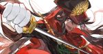  black_hair cape fate/grand_order fate_(series) gloves hat holding holding_weapon katana long_hair military_hat oda_nobunaga_(fate) red_eyes sword weapon white_background white_gloves yinghuo 