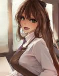  :d akashic alternate_costume apron bangs blush breasts brown_apron brown_hair collared_shirt commentary_request day eyebrows_visible_through_hair eyelashes eyes_visible_through_hair from_side girls_frontline green_eyes hair_between_eyes hair_ribbon hair_rings happy highres large_breasts long_hair long_sleeves looking_at_viewer looking_to_the_side m1903_springfield_(girls_frontline) necktie open_mouth parted_bangs ponytail raised_eyebrows ribbon shirt short_necktie sidelocks smile solo upper_body white_shirt wing_collar 