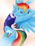  2015 anthro blue_feathers breasts butt clothed clothing cutie_mark dock doom13 doomy english_text equine eyebrows eyelashes feathered_wings feathers female flat_chested flexible friendship_is_magic hair half-closed_eyes hand_behind_head looking_at_viewer mammal multicolored_hair my_little_pony one-piece_swimsuit pegasus portrait pose purple_eyes rainbow_dash_(mlp) rainbow_hair simple_background solo standing stretching swimsuit tan_background text thick_thighs three-quarter_portrait wings 