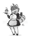  2018 anthro berry big_breasts breasts chinese clothed clothing costume cupcake cute dandan digital_media_(artwork) dress female food footwear fruit fur hair hair_over_eyes happy legwear lunar_regalia maid_uniform mammal monochrome nighthead open_mouth paws plate red_panda ringed_tail shoes short_hair short_stack simple_background smile stockings stripes uniform waving wide_hips 