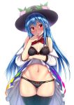  arm_under_breasts ass_visible_through_thighs bare_shoulders black_bra black_hat black_legwear black_panties blue_hair blue_skirt blush bow bow_panties bowtie bra breast_hold breasts cameltoe commentary cowboy_shot ebi_193 food fruit groin hair_between_eyes hand_to_own_mouth hat head_tilt hinanawi_tenshi leaf lifted_by_self long_hair looking_at_viewer medium_breasts navel off_shoulder panties parted_lips peach petticoat red_bow red_eyes red_neckwear shirt simple_background skindentation skirt skirt_lift solo standing stomach thighhighs thighs touhou underwear very_long_hair white_background white_shirt 
