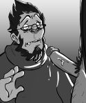 5_fingers anthro ape balls clothing drooling erection eyewear glasses gorilla human human_on_anthro interspecies male male/male mammal monochrome overwatch penis precum primate reaper_(overwatch) saliva simple_background standing video_games winston_(overwatch) 