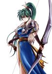  blue_dress bow_(weapon) bracer breasts cecil_(wing_r) commentary_request covered_nipples cowboy_shot dress earrings english_commentary fantasy fingerless_gloves fire_emblem fire_emblem:_rekka_no_ken fire_emblem_heroes fur_capelet gloves gold_trim green_eyes green_hair jewelry long_hair looking_at_viewer lyndis_(fire_emblem) medium_breasts ponytail quiver shoulder_armor simple_background solo weapon white_background 