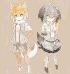  animal_ears arms_behind_back bird_tail bird_wings blonde_hair collared_shirt commentary_request elbow_gloves fox_ears fox_tail full_body fur_collar gloves grey_hair hand_on_hip head_wings jacket kemono_friends konabetate light_brown_hair multicolored_hair multiple_girls necktie pantyhose pleated_skirt shirt shoebill_(kemono_friends) short_hair short_sleeves shorts simple_background skirt tail tibetan_sand_fox_(kemono_friends) uniform vest white_hair wings 