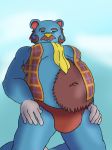  2015 animal_crossing anthro ascot barazoku bear beardo_(animal_crossing) big_bulge biped blue_background blue_body blue_theme body_hair brauner_(artist) brown_hair bulge clothing digital_drawing_(artwork) digital_media_(artwork) facial_hair front_view frown gloves_(marking) grey_eyes hair hairy half-closed_eyes happy_trail kneeling male mammal markings mature_male moobs mustache navel nintendo open_clothing overweight overweight_male pinup plaid portrait pose simple_background solo thong three-quarter_portrait two_tone_body video_games white_body yellow_nose 