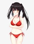  :o alternate_costume arms_under_breasts asymmetrical_hair bikini black_hair blush breast_hold breasts cleavage clock_eyes collarbone cowboy_shot date_a_live heterochromia highres looking_at_viewer medium_breasts navel olenoza556 red_bikini red_eyes simple_background solo swimsuit symbol-shaped_pupils thigh_gap tokisaki_kurumi twintails white_background yellow_eyes 