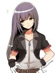  ? bangs belt belt_buckle black_jacket breasts buckle closed_mouth collarbone cropped_jacket eyebrows_visible_through_hair hand_on_hip head_tilt jacket kingdom_hearts kingdom_hearts_unchained_x long_hair medium_breasts mizu_ramen open_clothes open_jacket orange_eyes protected_link purple_hair short_sleeves simple_background skuld_(kingdom_hearts) smile solo straight_hair twitter_username upper_body white_background zipper zipper_pull_tab 