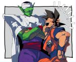  2boys black_hair cape closed_eyes crossed_arms dougi dragon_ball dragon_ball_z fingernails frown grey_background hand_in_hair hand_on_hip height_difference kokusoji looking_at_another male_focus multiple_boys open_mouth piccolo pointy_ears serious shaded_face short_hair simple_background smile son_gokuu spiked_hair sweatdrop turban upper_body white_background wristband 