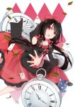  :o absurdres alice_in_wonderland ass bare_legs bare_shoulders black_hair bow breasts card cat cleavage clock_eyes commentary_request date_a_live detached_sleeves dress frilled_dress frills gothic_lolita hair_bow heterochromia highres leaf lolita_fashion long_hair looking_at_viewer medium_breasts mo_(pixiv9929995) multicolored multicolored_clothes multicolored_dress playing_card pocket_watch reaching_out red_bow red_eyes roman_numerals see-through skirt_hold solo symbol-shaped_pupils tokisaki_kurumi twintails watch yellow_eyes 
