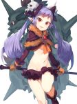  boots bow brooch brown_gloves capelet commentary_request crop_top disgaea feet_out_of_frame fur_trim gloves groin hair_bow hair_ornament holding jewelry kasuka_(kusuki) lavender_hair long_hair long_sleeves looking_at_viewer majorita_(disgaea) makai_senki_disgaea_5 makai_wars microskirt midriff navel open_mouth pointy_ears purple_bow purple_skirt red_eyes ruffled_skirt simple_background skirt skull_hair_ornament smile solo standing standing_on_one_leg stomach thighs twintails white_background zombie_(disgaea) 