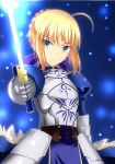  ahoge armor armored_dress artoria_pendragon_(all) blonde_hair blue_background braid breastplate excalibur fate/stay_night fate_(series) french_braid gauntlets green_eyes hera_(hara0742) highres holding holding_sword holding_weapon looking_at_viewer saber sidelocks sword weapon 