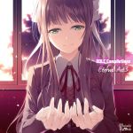  album_cover brown_hair commentary cover cupping_hands doki_doki_literature_club english_commentary eyebrows_visible_through_hair green_eyes hair_ribbon highres indoors long_hair looking_at_viewer mac-kine monika_(doki_doki_literature_club) ribbon school_uniform smile solo upper_body white_ribbon window 