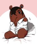  2017 animal_crossing anteater anthro beckoning bed bedroom_eyes biped black_hair body_hair bottomless brown_body chest_hair clothed clothing digital_drawing_(artwork) digital_media_(artwork) dress_shirt eyelashes featureless_crotch featureless_feet featureless_hands fluffy fluffy_tail front_view full-length_portrait grey_tail hair half-closed_eyes japanese ktn999999999 male mammal motion_lines nintendo olaf_(animal_crossing) on_bed pink_background pinup portrait pose seductive shirt simple_background sitting snout solo toony two_tone_tail unbuttoned video_games white_background white_clothing white_tail white_topwear 