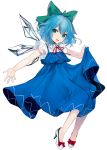  :d absurdres adapted_costume bare_arms blue_dress blue_hair bow cirno commentary daimaou_ruaeru dress eyebrows_visible_through_hair full_body green_bow hair_between_eyes hair_bow head_tilt high_heels highres ice ice_wings lifted_by_self looking_at_viewer neck_ribbon open_mouth red_bow red_neckwear red_ribbon ribbon short_hair simple_background skirt_hold smile solo touhou white_background white_footwear wing_collar wings 