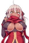  absurdres ahoge black_bow bow breasts cleavage commentary_request covered_nipples dark_skin fate/grand_order fate_(series) hair_between_eyes hair_bow hair_ornament highres large_breasts long_hair looking_at_viewer okita_souji_(alter)_(fate) okita_souji_(fate)_(all) solo togin very_long_hair white_hair yellow_eyes 