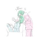  aqua_hair bang_dream! blue_pajamas bowwow_(hamju94) closed_eyes cloud_print cup hikawa_hina hikawa_sayo holding holding_cup long_hair long_sleeves mug multiple_girls muted_color pink_pajamas short_hair siblings sisters sitting standing steam towel towel_around_neck translated twins white_background 