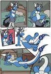  2018 3_toes 4_fingers absurd_res anthro bed blue_skin breasts canine collar comic covering covering_breasts digital_drawing_(artwork) digital_media_(artwork) dizzy dragonair featureless_breasts featureless_crotch female first_person_view flat_colors fox fur grey_fur grey_hair hair hi_res horn inside long_tail looking_down mammal nintendo nude panting pillow pok&eacute;mon pok&eacute;mon_(species) pok&eacute;morph shocked signature solo sweat tail_growth toes transformation video_games virmir virmir_(character) 