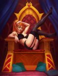  2018 blood_elf bra breasts chair clothed clothing elf evulchibi female garter_straps hair humanoid legwear lingerie lounging not_furry panties pillow pointy_ears red_hair solo stockings throne underwear video_games warcraft 