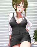  black_vest breasts cleavage cowboy_shot desk eyebrows_visible_through_hair folded_ponytail formal glasses green_eyes green_hair hair_ornament hairclip kozue_akari large_breasts looking_at_viewer mole mole_under_eye office_lady open_mouth original phone planter red-framed_eyewear shirt skirt_suit solo suit vest white_shirt 