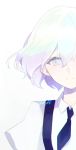  androgynous diamond_(houseki_no_kuni) gem_uniform_(houseki_no_kuni) houseki_no_kuni kohaku_989 looking_at_viewer multicolored multicolored_eyes multicolored_hair necktie rainbow_eyes rainbow_hair short_hair smile solo suspenders white_background white_eyes white_hair 