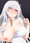  azur_lane bare_shoulders belfast_(azur_lane) black_background blush braid breasts bridal_veil chain collar commentary_request dress earrings eyebrows_visible_through_hair eyes_visible_through_hair gold_chain hand_in_hair head_tilt highres jewelry lactation large_breasts long_hair looking_at_viewer naughty_face nipples one_breast_out parted_lips prophecy_(rakuichimonji) purple_eyes silver_hair simple_background solo sparkle undressing veil wedding_dress white_collar white_dress 