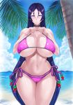  absurdres areola_slip areolae ass_visible_through_thighs bare_shoulders beach bikini breasts cameltoe choker cleavage cloud covered_nipples curvy day fate/grand_order fate_(series) highres huge_breasts huge_filesize long_hair looking_at_viewer minamoto_no_raikou_(fate/grand_order) minamoto_no_raikou_(swimsuit_lancer)_(fate) mogudan navel outdoors palm_tree puffy_nipples purple_bikini purple_eyes purple_hair shiny shiny_skin side-tie_bikini sky smile solo standing sweat swimsuit thick_thighs thighs tree very_long_hair water wide_hips 