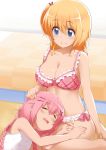  =_= bikini blonde_hair blue_eyes blush breasts closed_eyes comic_girls fang frilled_bikini frills hair_ornament hairclip hand_on_another's_head heart heart_print koizuka_koyume lap_pillow large_breasts mocchi moeta_kaoruko multiple_girls one_side_up open_mouth pink_bikini pink_hair plaid plaid_bikini print_swimsuit small_breasts smile swimsuit swimwear twintails white_swimsuit x_hair_ornament yuri 