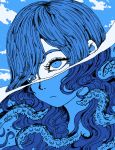  air_bubble artist_name blue blue_eyes blue_sky bubble cloud expressionless face long_hair monochrome omocat original outdoors partially_submerged portrait sky solo tentacles water 