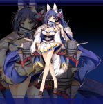  animal_ears azur_lane black_footwear blue_eyes blue_hair breasts cleavage covering_mouth detached_sleeves fan folding_fan full_body hair_ornament highres holding holding_fan jianren jintsuu_(azur_lane) large_breasts long_hair long_sleeves looking_at_viewer obi official_art ponytail ribbon sash skirt smile solo standing tail wide_sleeves zoom_layer 