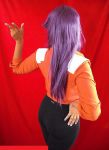  1girl ass back bleach cosplay from_behind h-sama leggings long_hair purple_hair shihouin_yoruichi solo vest 